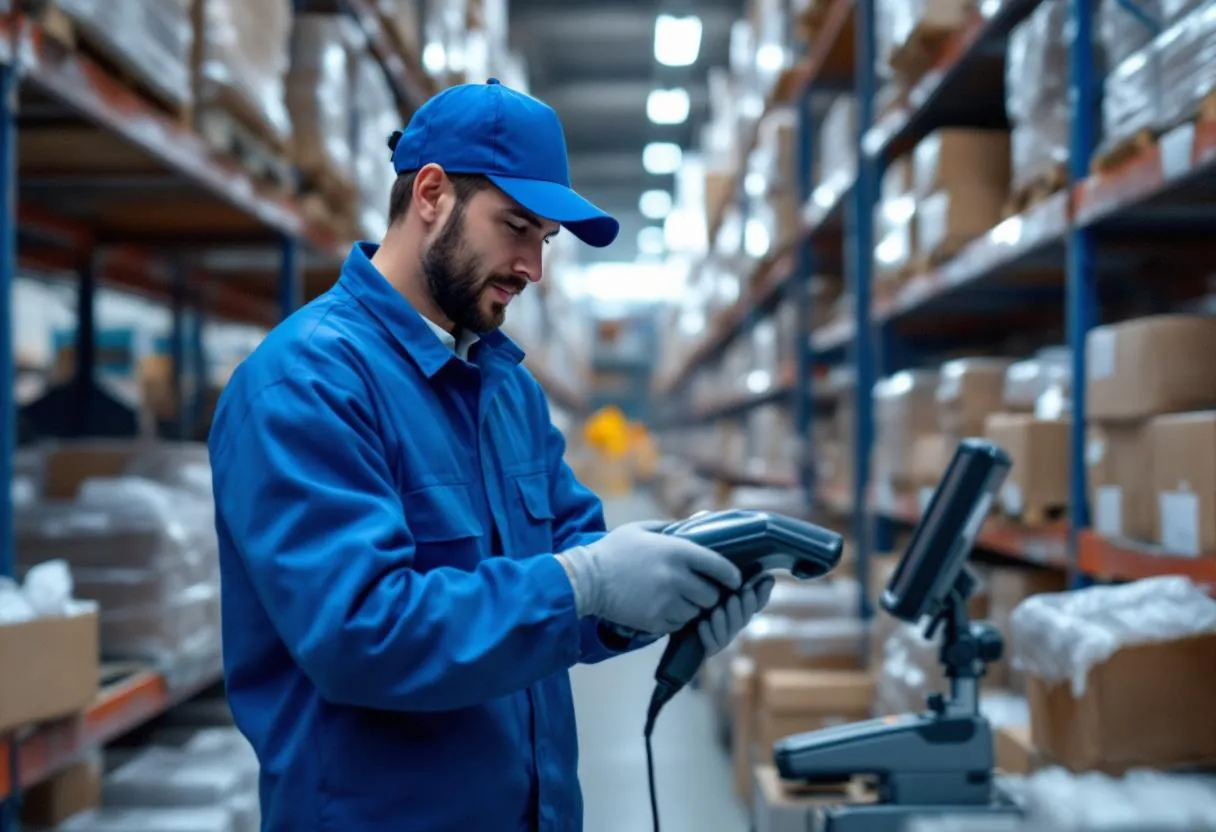 Een vrolijke vijftigplusser in een blauw magazijnuniform scant een doos met een handscanner, terwijl het buiten schemert, een realistische weergave van een avond flexijob in de logistiek.