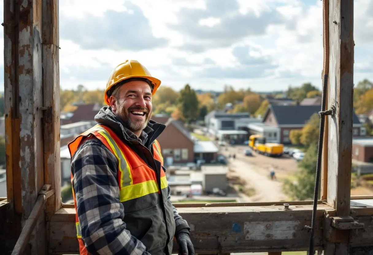 Een lachende bouwvakker op een steiger met uitzicht op een school en een ziekenhuis in een Vlaams dorp, die de sectoren zorg, onderwijs en bouw symboliseert.