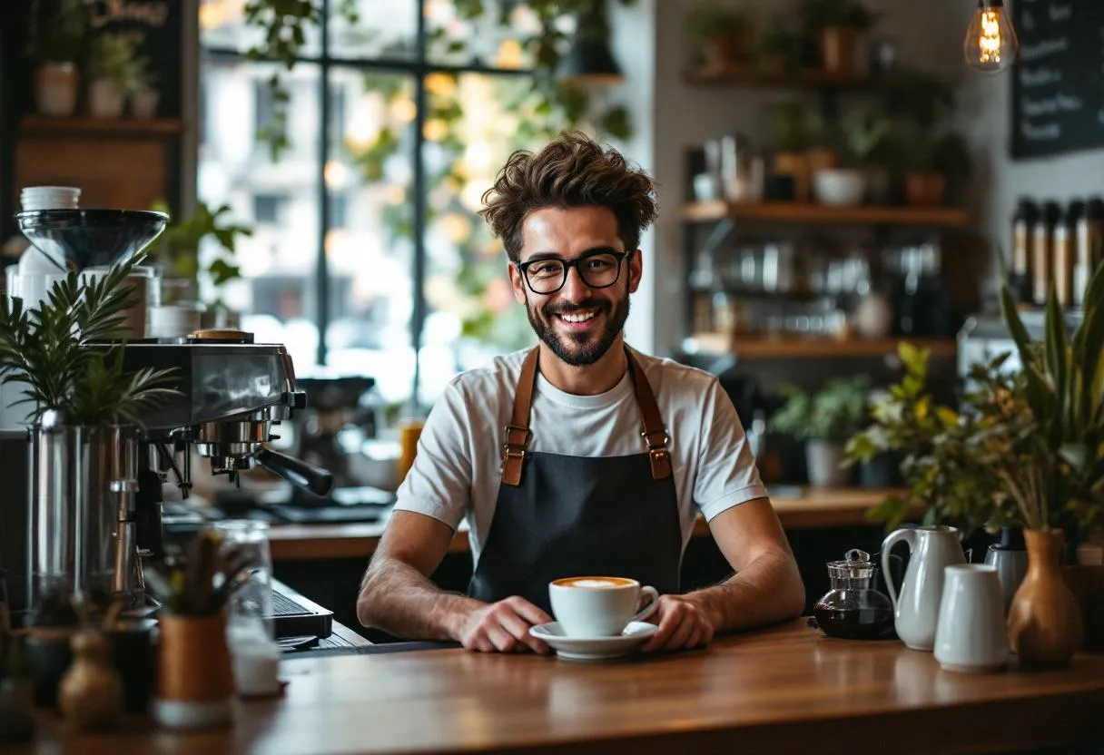 Een enthousiaste barista met een verse cappuccino achter de toonbank van een hippe koffiebar in Antwerpen, natuurlijk daglicht valt naar binnen.