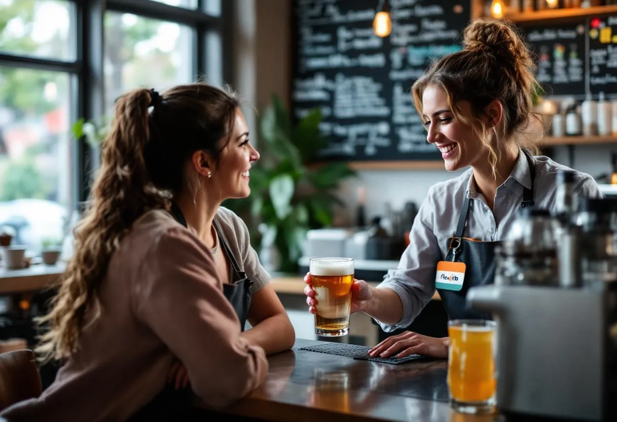 Een vrolijke serveerster in een café in Hasselt schenkt een pint in terwijl ze een flexijob badge draagt.