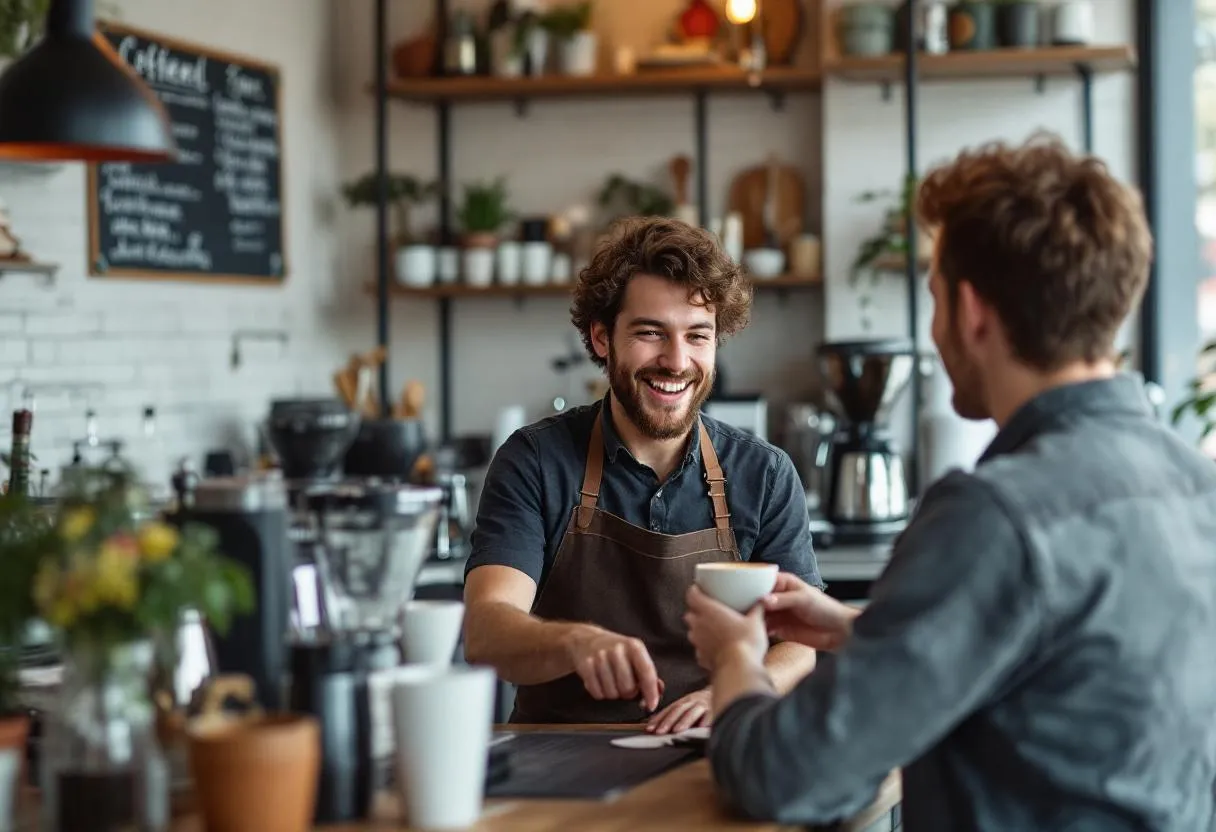 Een lachende barista in een eclectisch ingerichte koffiebar in Gent serveert een cappuccino aan een klant, terwijl de namiddagzon naar binnen schijnt, een typische flexijob-scène in Oost-Vlaanderen.