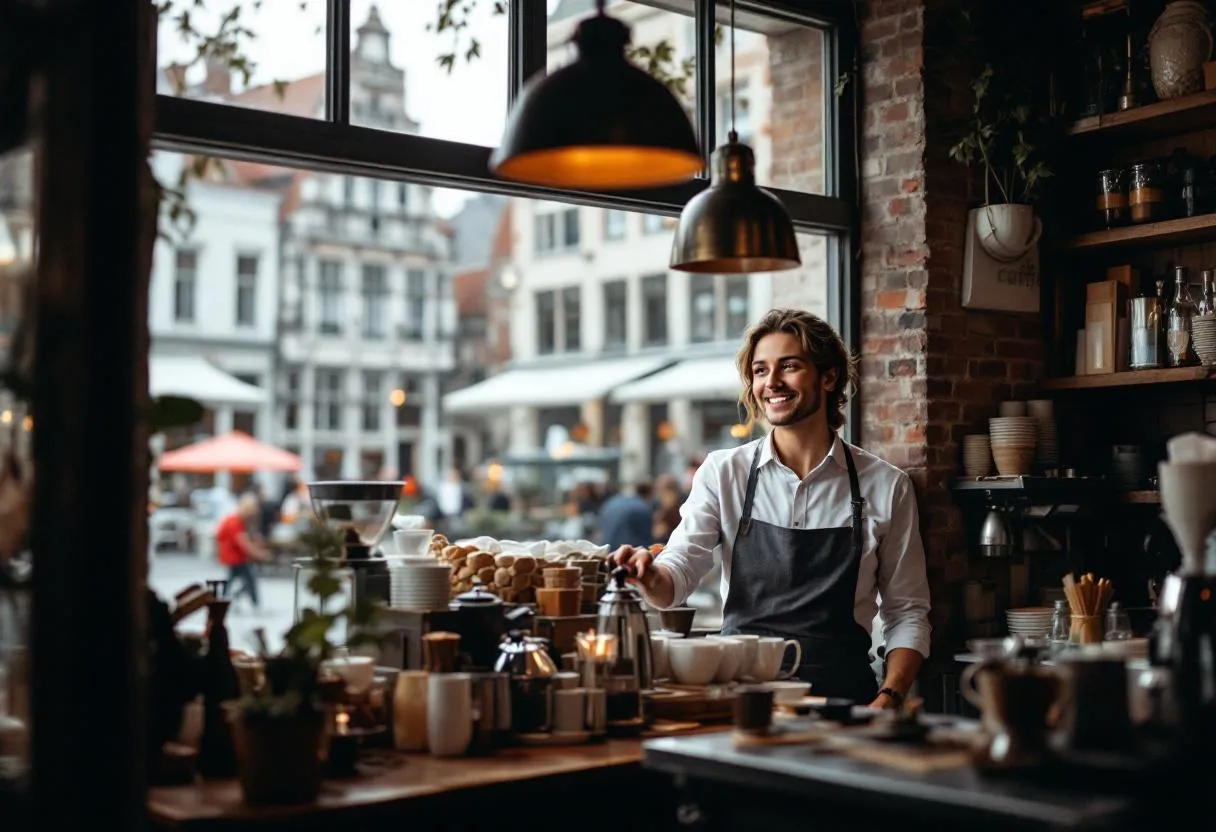 Een vriendelijke barista staat achter de koffiemachine in een gezellig koffiehuis in het centrum van Brugge, door het raam zie je de gevels van de Markt en het Belfort badend in de ochtendzon.