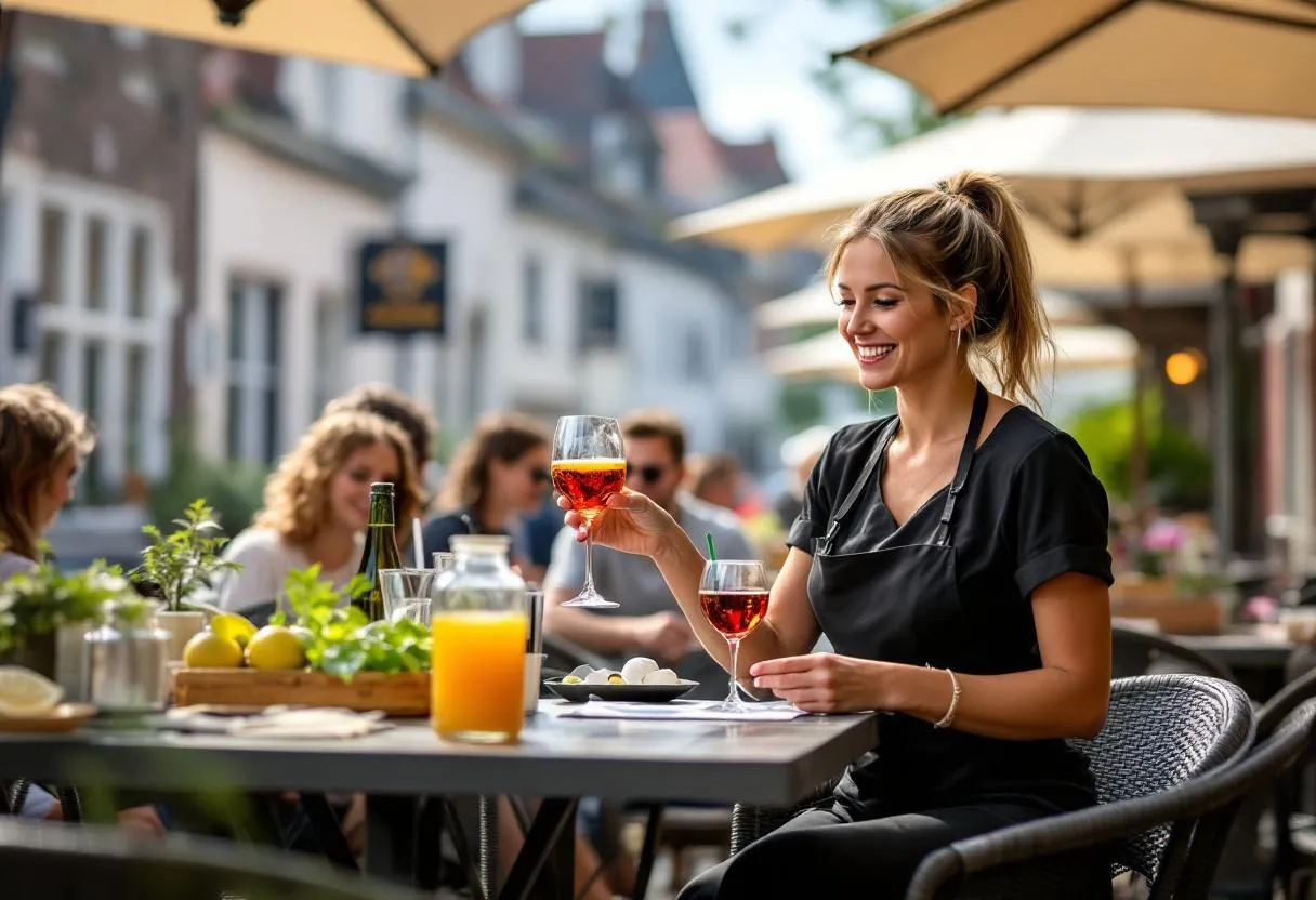 Een glimlachende vrouw in een zwarte horeca-outfit serveert drankjes op een zonnig terras in Leuven, terwijl ze geniet van haar flexijob.