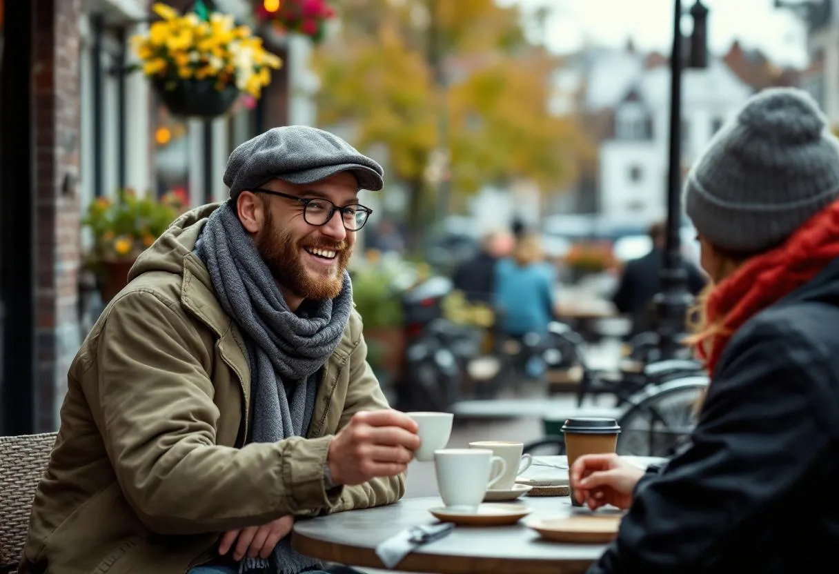 Een lachende student met een rugzak die op een terras in Kortrijk een kop koffie serveert, met op de achtergrond de typische trapgevels en de Leie.