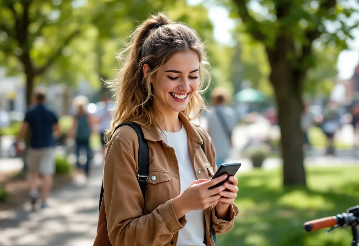 Een jonge vrouw lachend met een smartphone die lokale flexijob vacatures toont, staand op een zonnig plein in een Vlaamse gemeente met kasseien en een fiets.