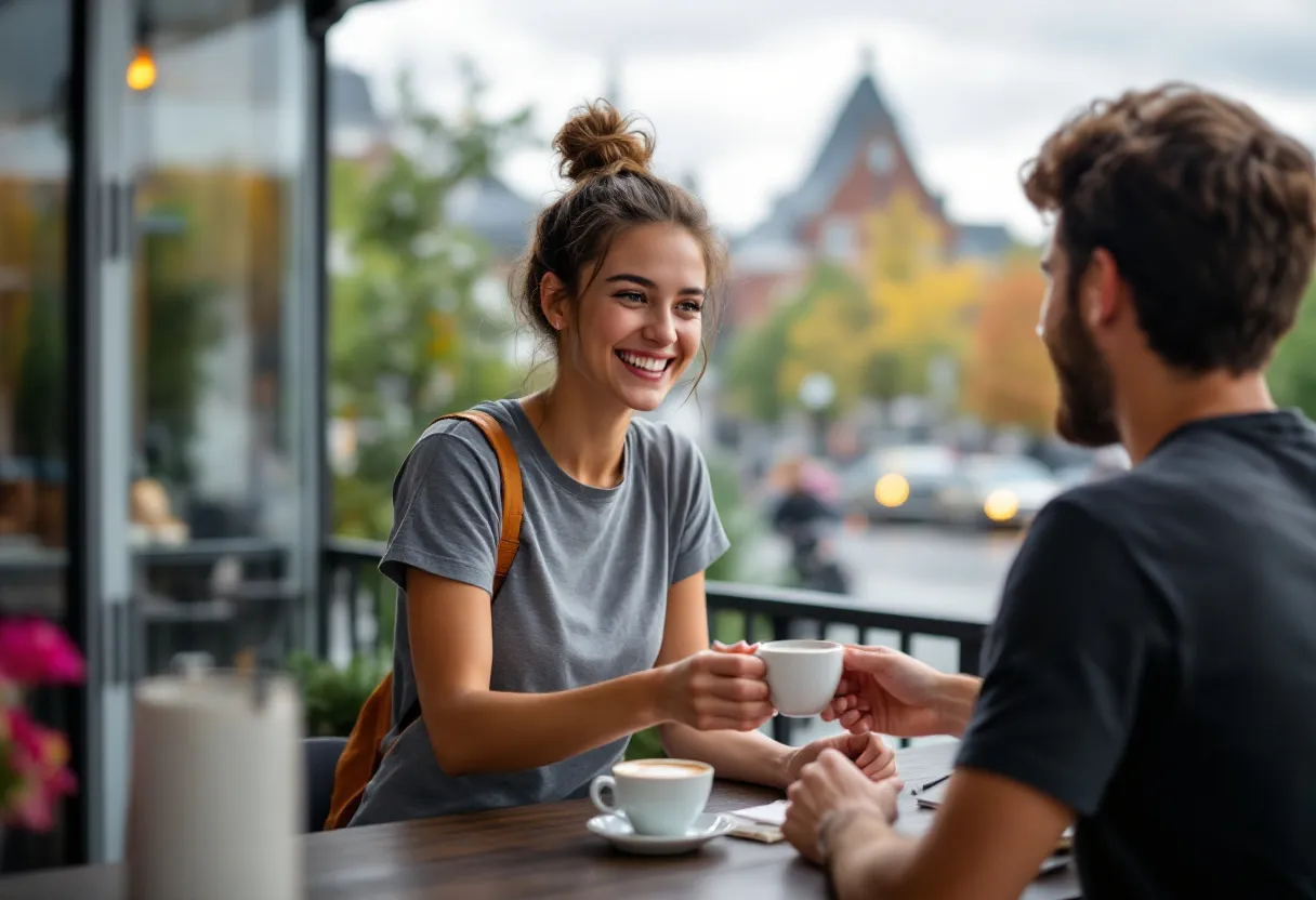 Een lachende studente in een T-shirt van een Kortrijkse koffiebar serveert een cappuccino aan een klant op een terras met zicht op de Broeltorens, tijdens haar flexijob na de lesuren.