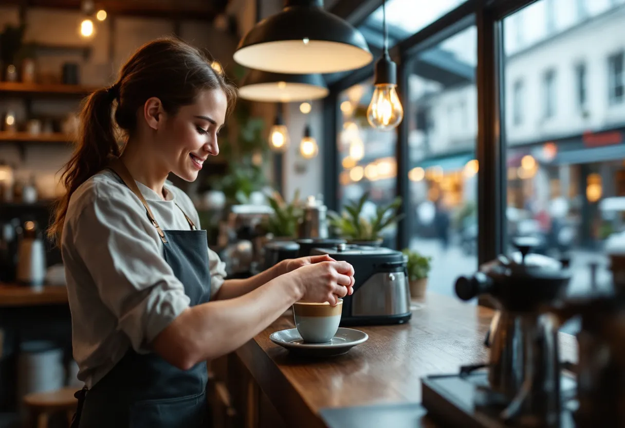 Een enthousiaste flexi-medewerker in een Kortrijks koffiehuis serveert een latte macchiato, terwijl de sfeervolle winkelstraat zichtbaar is door het raam.