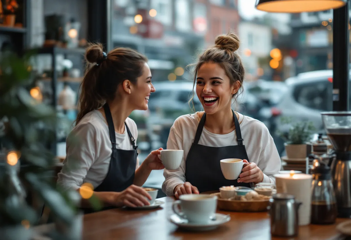 Een lachende barista in een gezellig café in Kortrijk, genietend van een flexijob bijverdienen terwijl ze een koffie serveert, met zicht op de typische Vlaamse straat.
