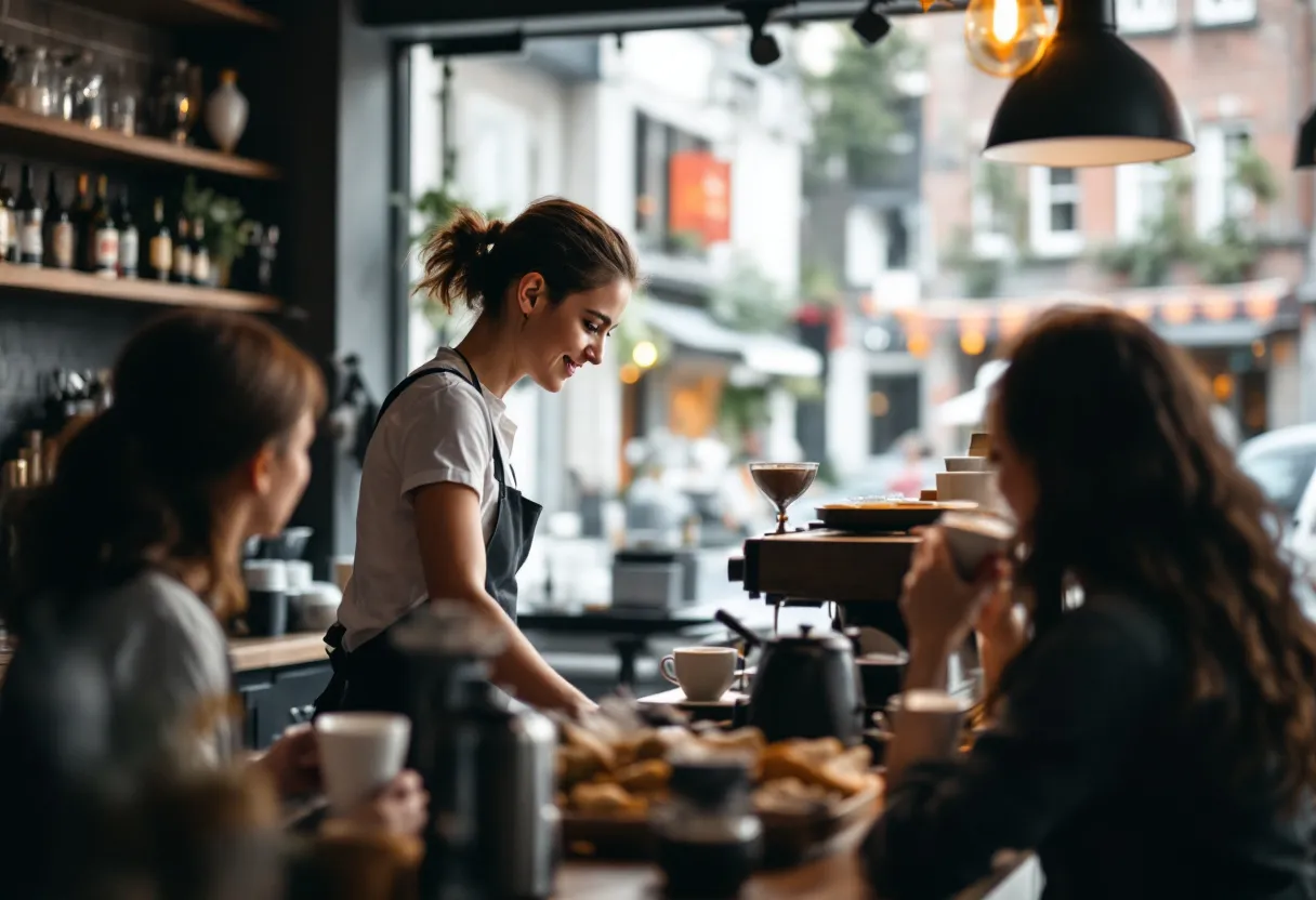 Een jonge barista met een glimlach werkt achter de toog van een hippe koffiebar in Kortrijk, terwijl klanten genieten van hun drankje en het Belfort van Kortrijk zichtbaar is door het raam.