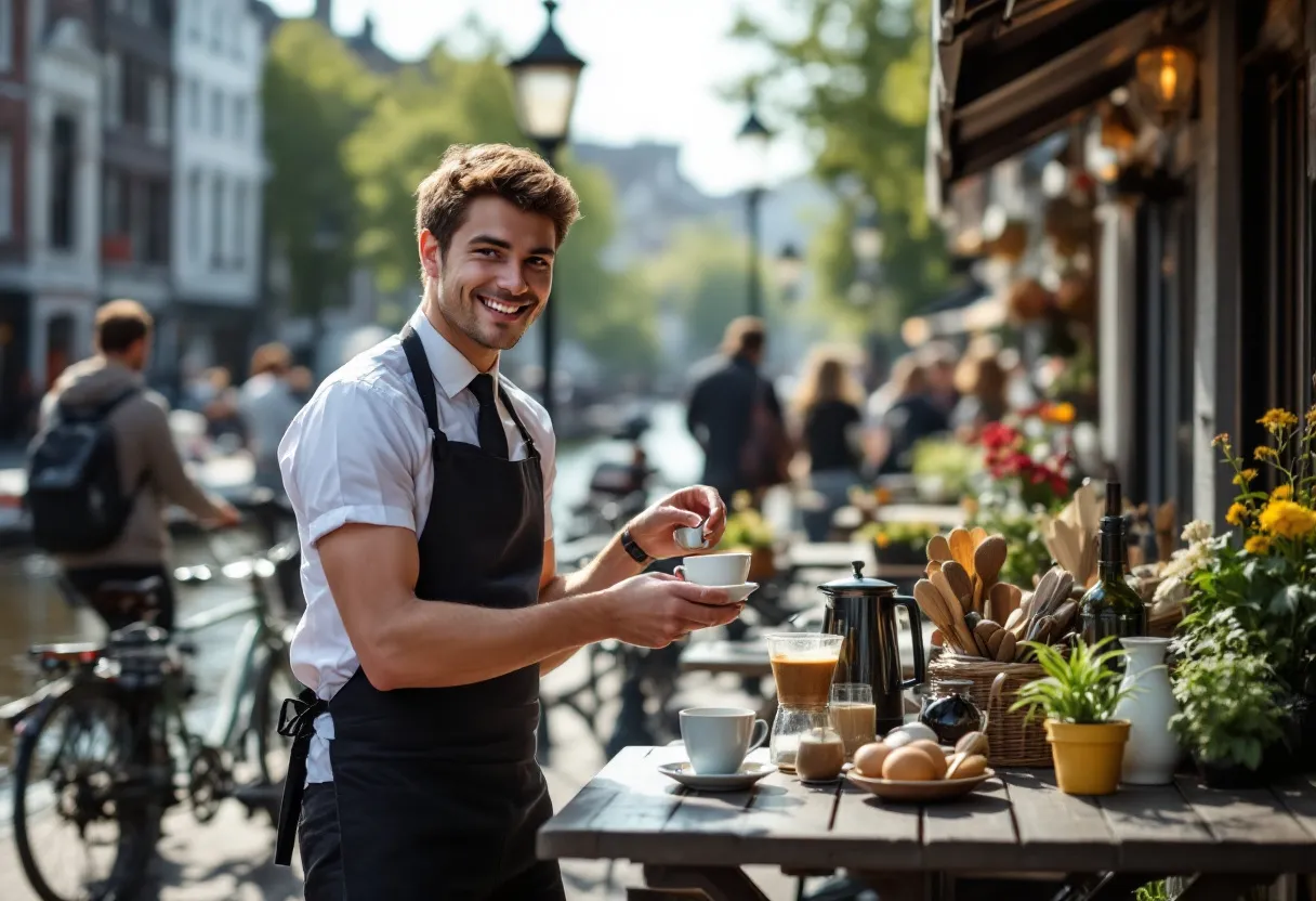 Een jonge medewerker met een stralende glimlach serveert koffie op een zonovergoten terras langs de Graslei in Gent, terwijl fietsers en bootjes de historische binnenstad tot leven brengen.