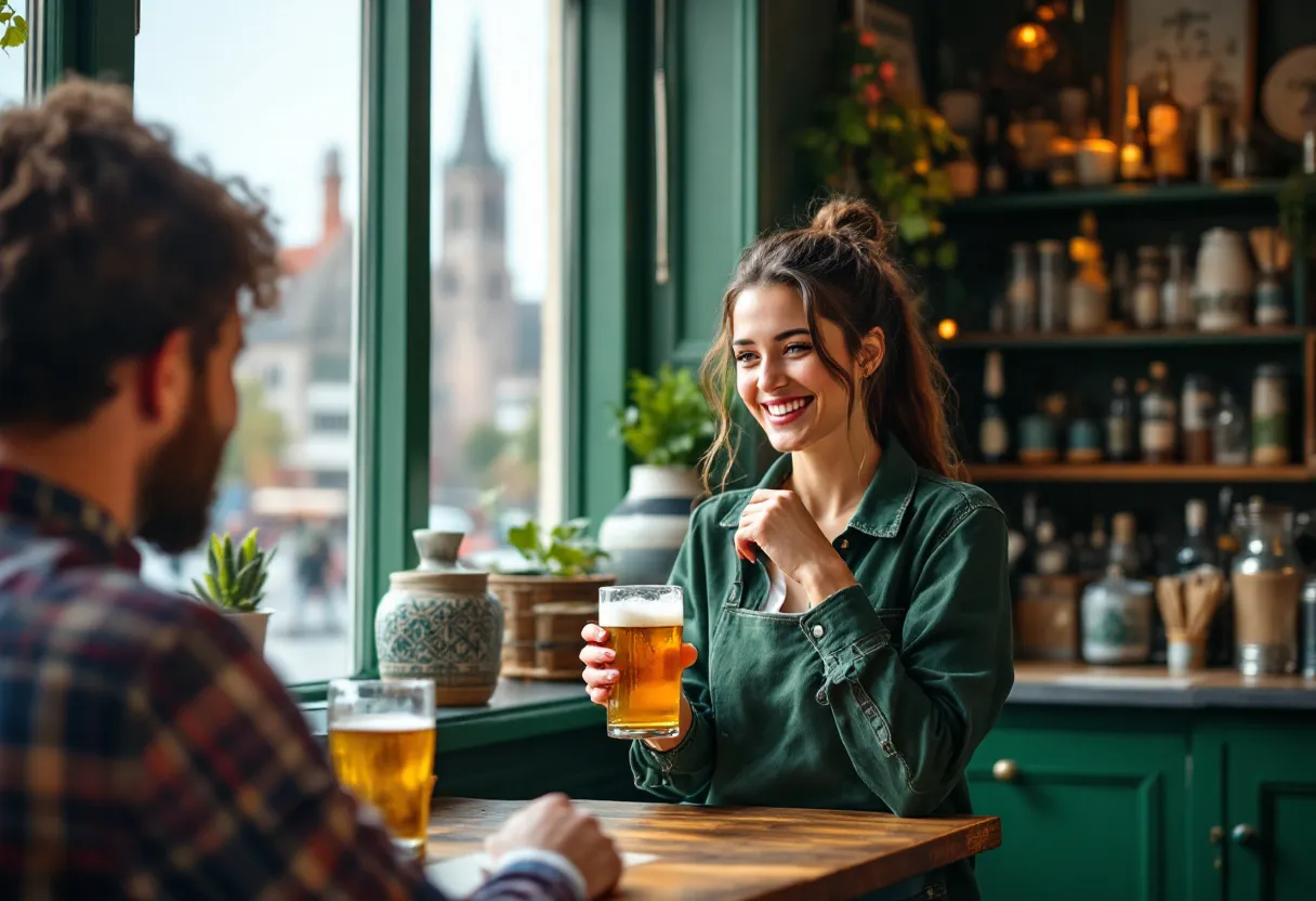 Een lachende jonge vrouw in een groen Hasselts café serveert een lokaal biertje aan een klant, terwijl op de achtergrond de Sint-Quintinuskathedraal zichtbaar is door het raam.