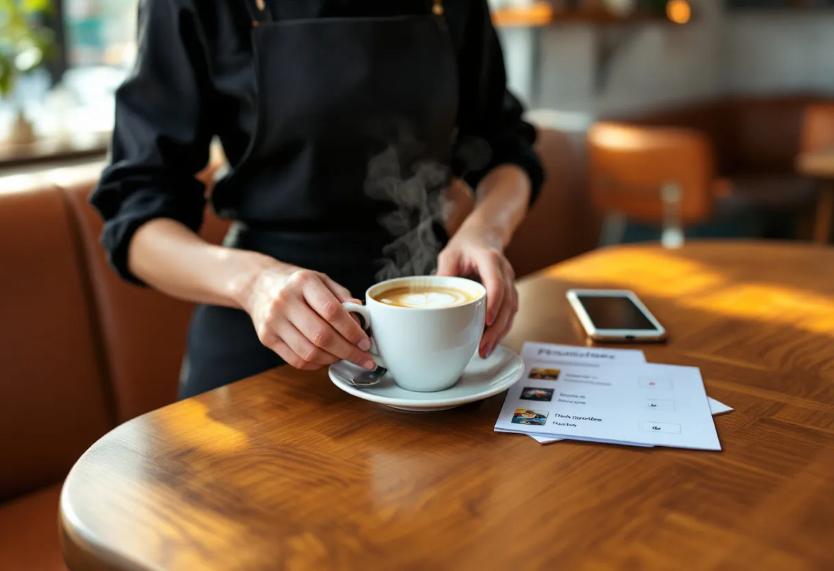 Een jonge serveerster in een zwart schort serveert met een brede glimlach koffie in een zonnig Vlaams café, op de houten toonbank naast haar ligt een smartphone met een kaart waarop gemarkeerde flexijobs in de buurt te zien zijn.