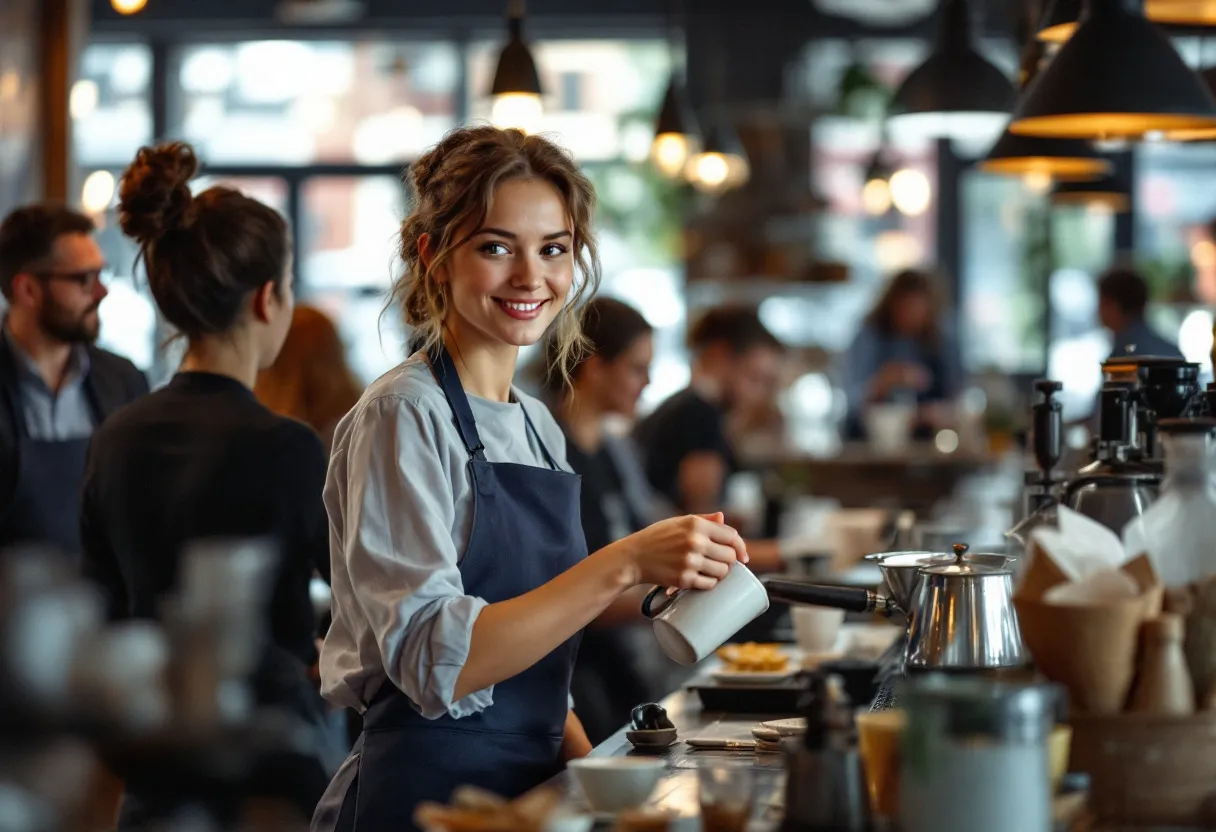 Een glimlachende jonge vrouw in een blauwe schort serveert koffie in een gezellig café in Kortrijk, met klanten op de achtergrond.