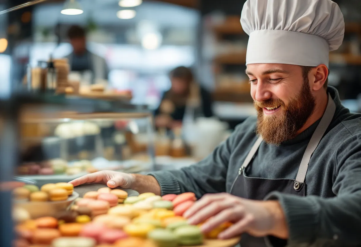Een enthousiaste jongeman met een witte koksmuts op zijn hoofd glimlacht breed terwijl hij een bord met kleurrijke macarons presenteert in de vitrine van een patisserie in Kortrijk.