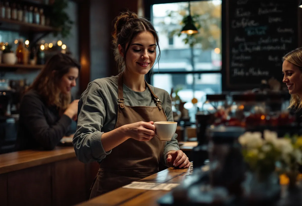 Een glimlachende barista in een gezellig koffiehuis serveert een cappuccino aan een klant, met op de achtergrond de zichtbare kerktoren van een Vlaamse gemeente.