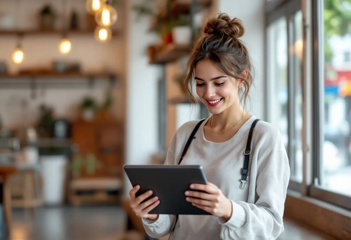 Een jonge vrouw met een schort staat achter een toog in een gezellig café in Kortrijk en vult met een glimlach een flexijob-rooster in op een tablet.