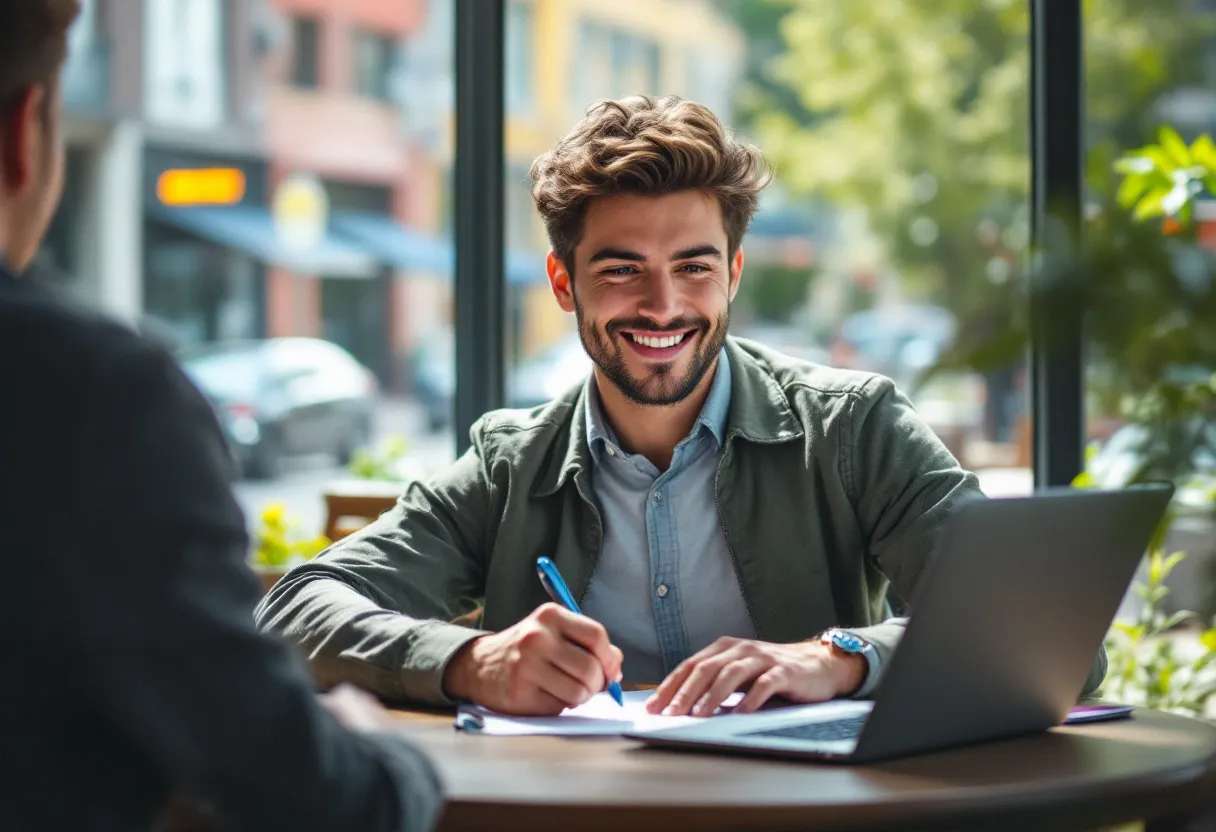 Een glimlachende jongeman zit in een zonnig café in Kortrijk, met een pen in de hand, klaar om een flexijob contract te ondertekenen, terwijl op zijn laptop een kaart met beschikbare flexijobs in de buurt verschijnt.