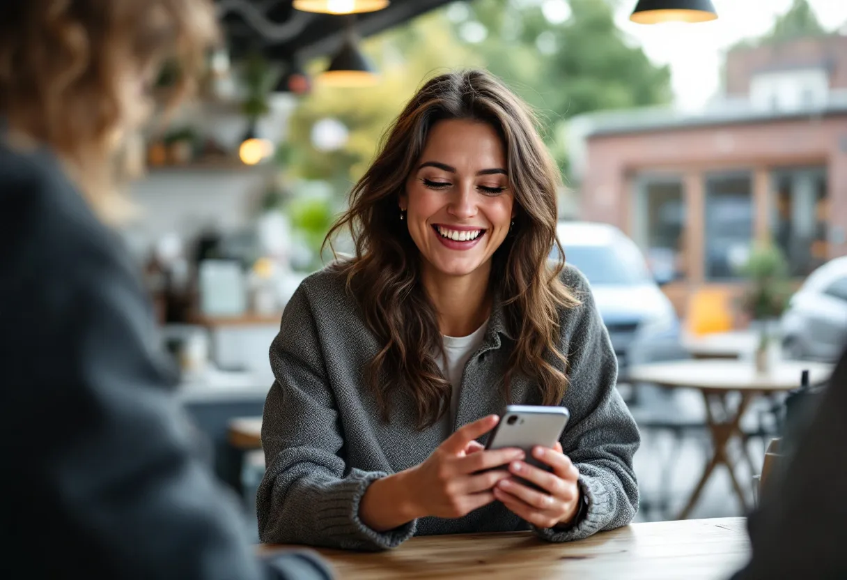 Een lachende vrouw in een koffiehuis in Kortrijk schenkt koffie, met een smartphone op de toonbank die de website voor flexijobs toont, op de achtergrond een gezellig terras.