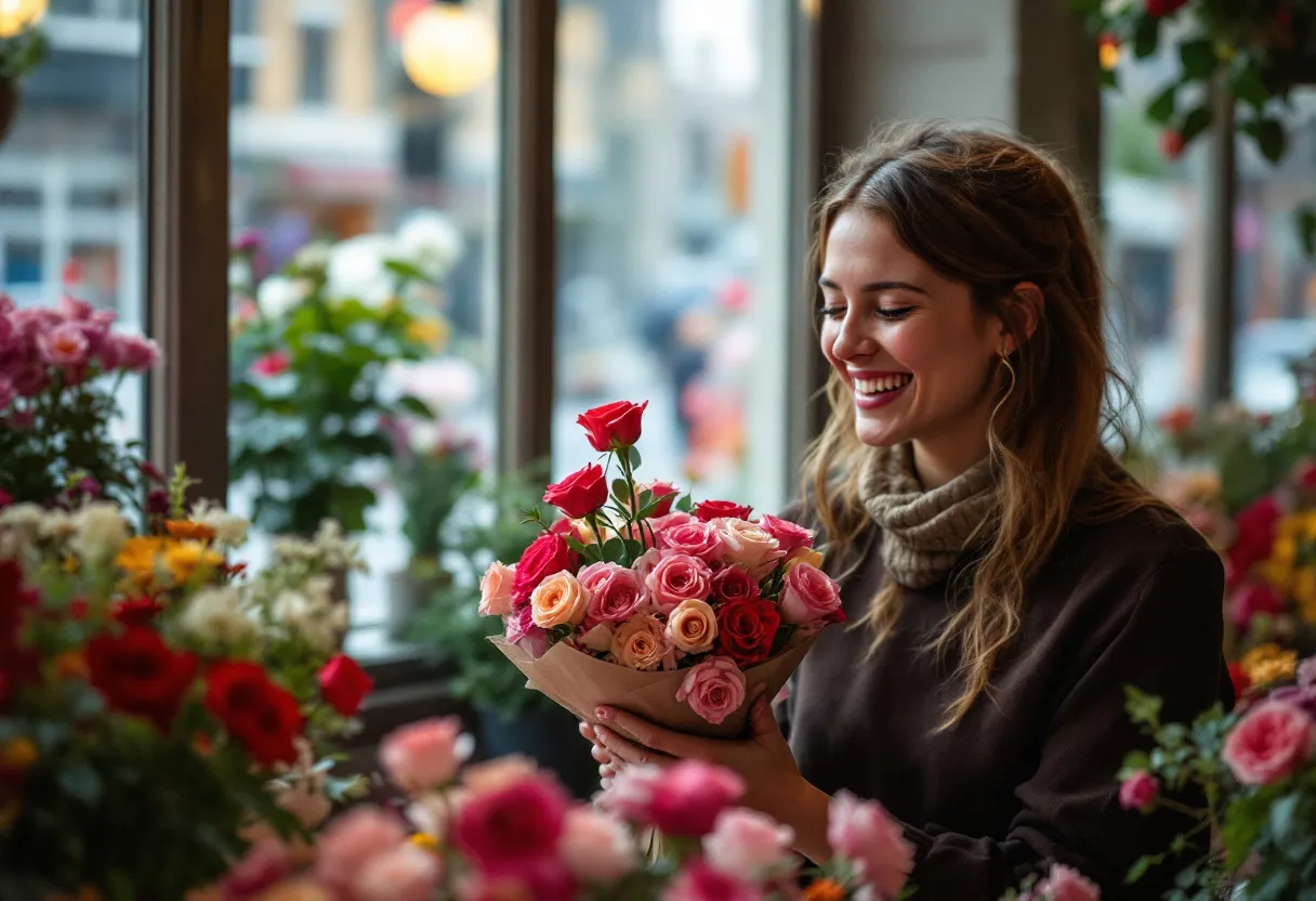 Een lachende jonge vrouw in een bloemistenshop, ze schikt een boeket rozen, omringd door kleurrijke bloemen, voor een raam met uitzicht op een Vlaamse dorpsstraat.