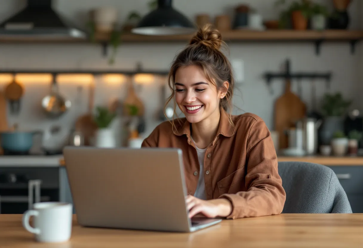 Een glimlachende jonge vrouw zit aan een keukentafel met haar laptop, bekijkt een overzicht van flexijobs in Kortrijk en ziet dat er drie nieuwe bijverdiensten bij haar in de buurt beschikbaar zijn.