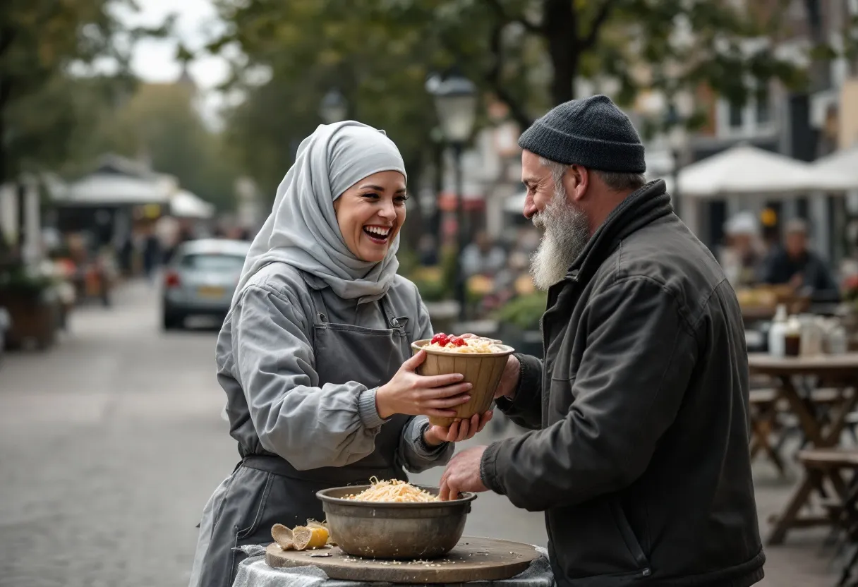 Een lachende vrouw in een bakkerijuniform overhandigt een loonstrookje aan een man in Vlaanderen, met op de achtergrond een gezellig dorpsplein.
