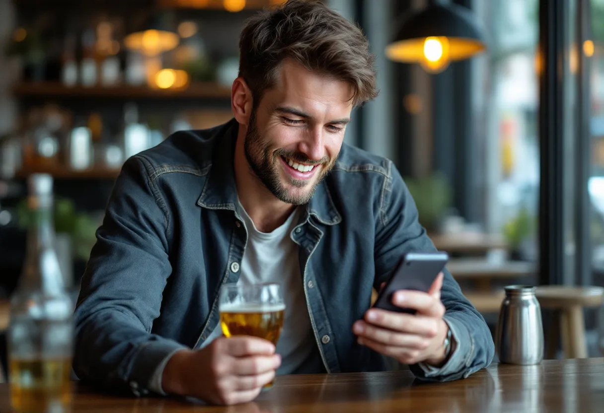 Een glimlachende flexi-jobber in een café in Kortrijk schenkt een pint in, met zijn smartphone in de andere hand waarop hij net een nieuwe flexijob heeft gevonden.