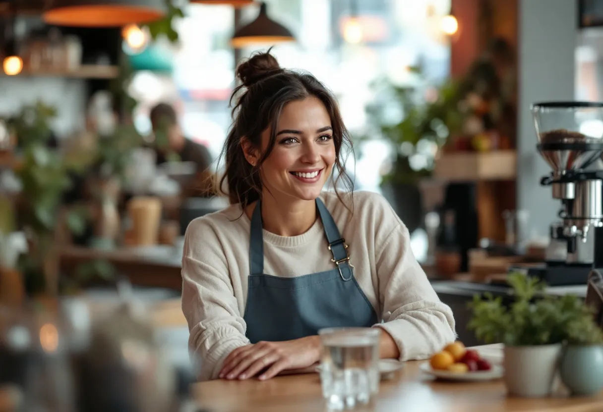 Een stralende vrouw in een café bedient klanten met een glimlach, terwijl ze haar flexijob uitoefent in het gezellige centrum van Kortrijk.