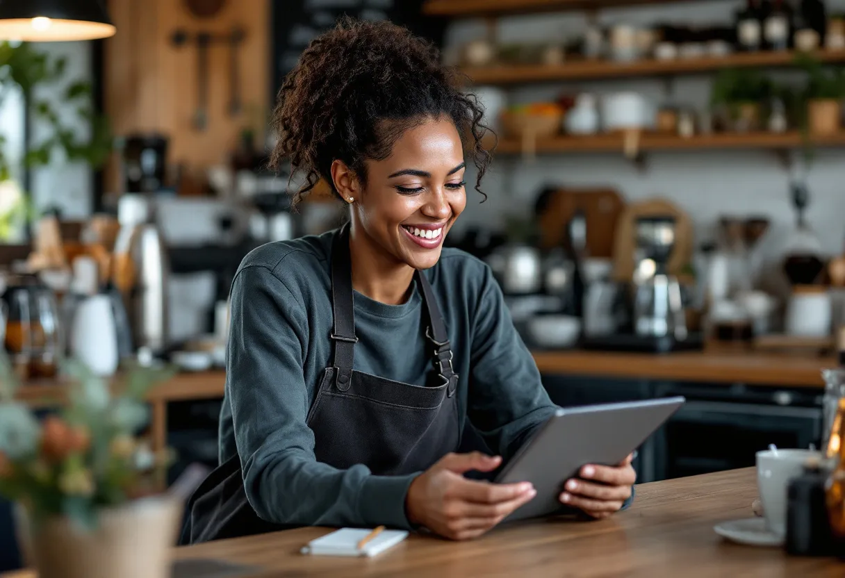 Een lachende barista in een koffiebar in Kortrijk met een koffiekopje en een tablet waarop een kaart met lokale flexijob-opdrachten zichtbaar is.