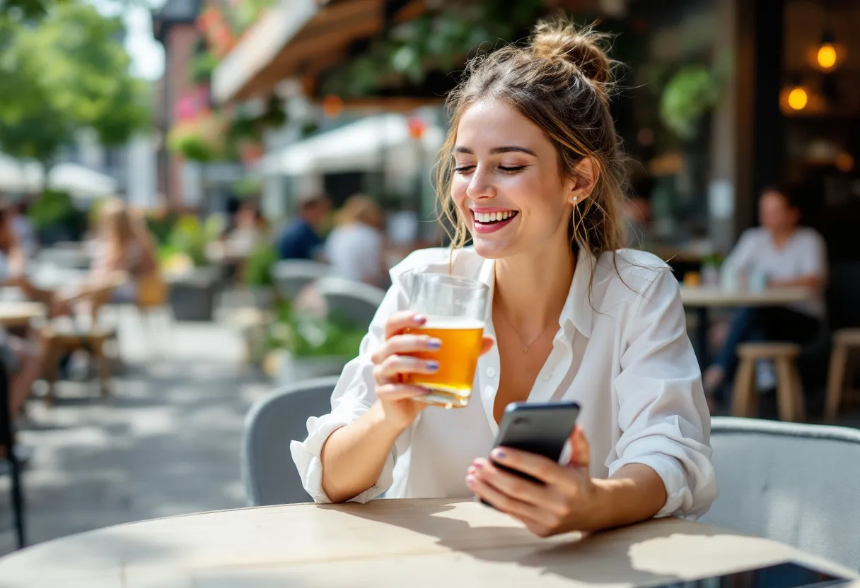 Een vrolijke jonge vrouw in een wit horeca-schort schenkt lachend een pint uit op een druk zomers terras, terwijl een subtiele markering op een smartphone in haar borstzakje de exacte locatie in Kortrijk toont, wat de perfecte lokale flexijob in het weekend symboliseert.