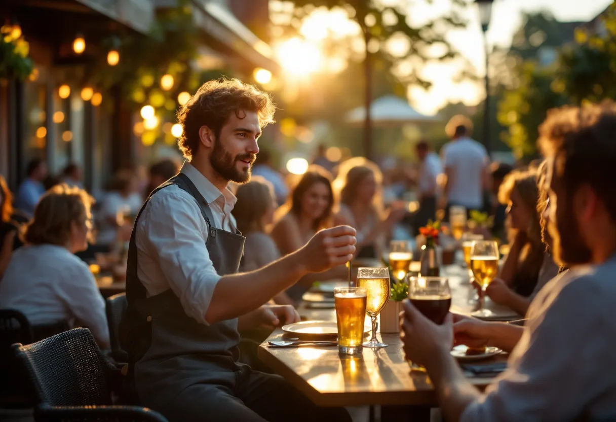 Een jonge man met een schort serveert met een glimlach drankjes aan tafel op een druk buitenterras in een Vlaamse stad, terwijl de avondzon warm over de gevel schijnt en klanten gezellig klinken.