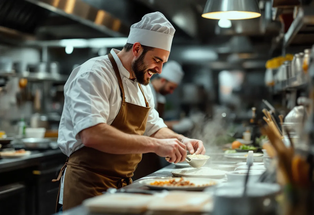 Een lachende man in een koksbuis werkt in een drukke hotelkeuken in Kortrijk, terwijl hij groenten snijdt. Op de achtergrond zie je andere koks, dit is een typische flexijob via interim in de horeca.