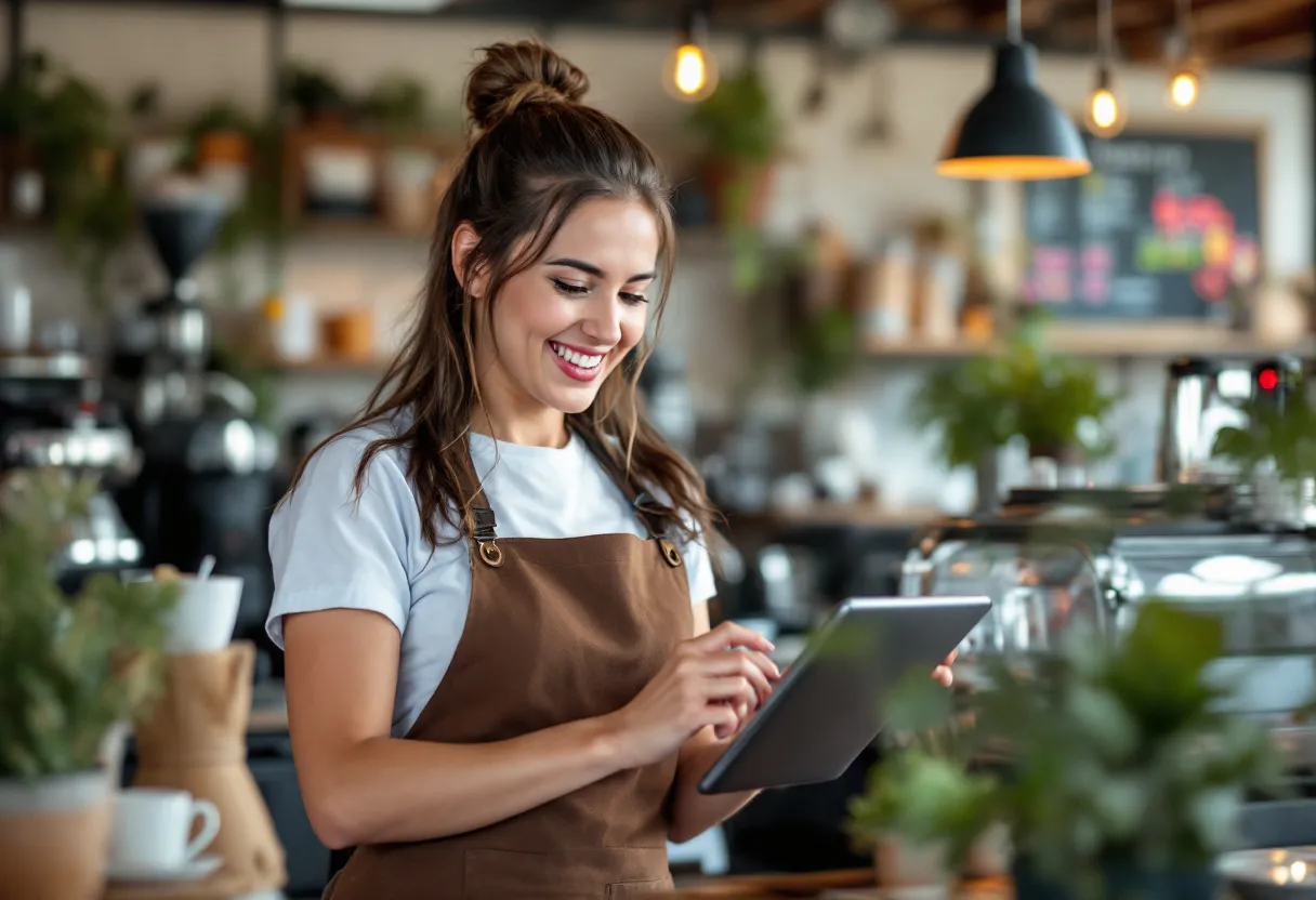 Une jeune femme souriante en tablier de barista sert du café dans un café convivial à Kortrijk, tout en tapotant sur une tablette montrant des offres de flexi-jobs.
