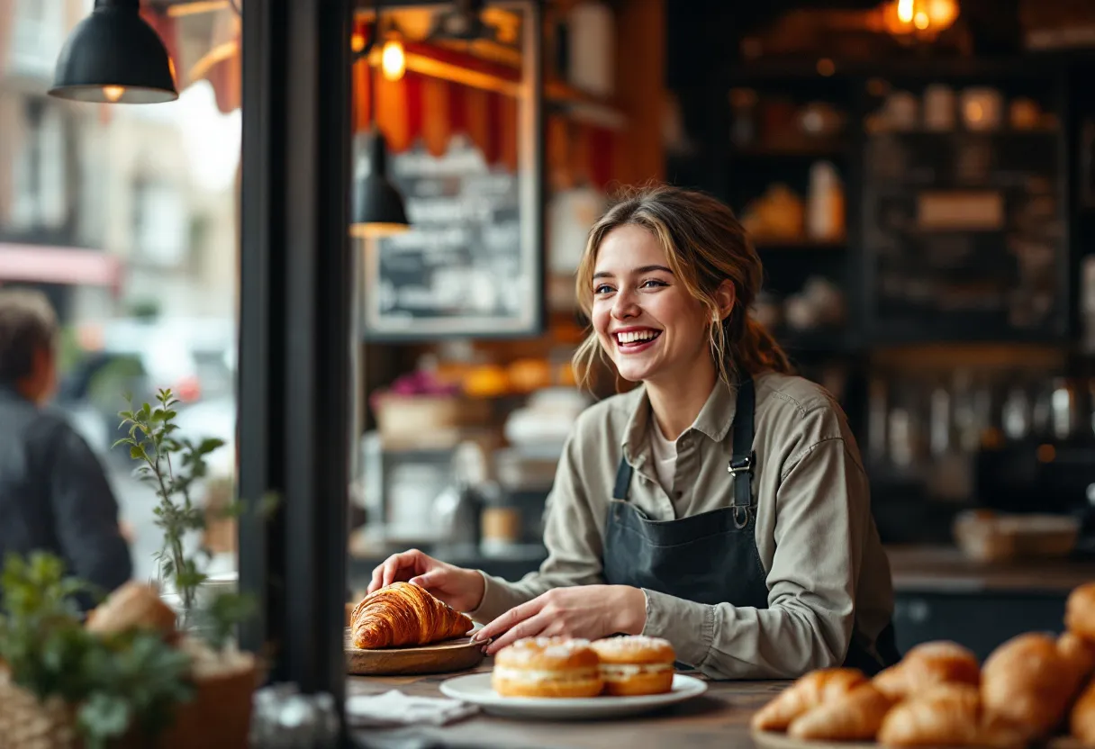 Een lachende tiener met een schort achter de toonbank van een gezellige bakkerij, terwijl ze een croissant aan een klant overhandigt, met op de achtergrond een raam dat uitkijkt op een Vlaamse dorpsstraat.