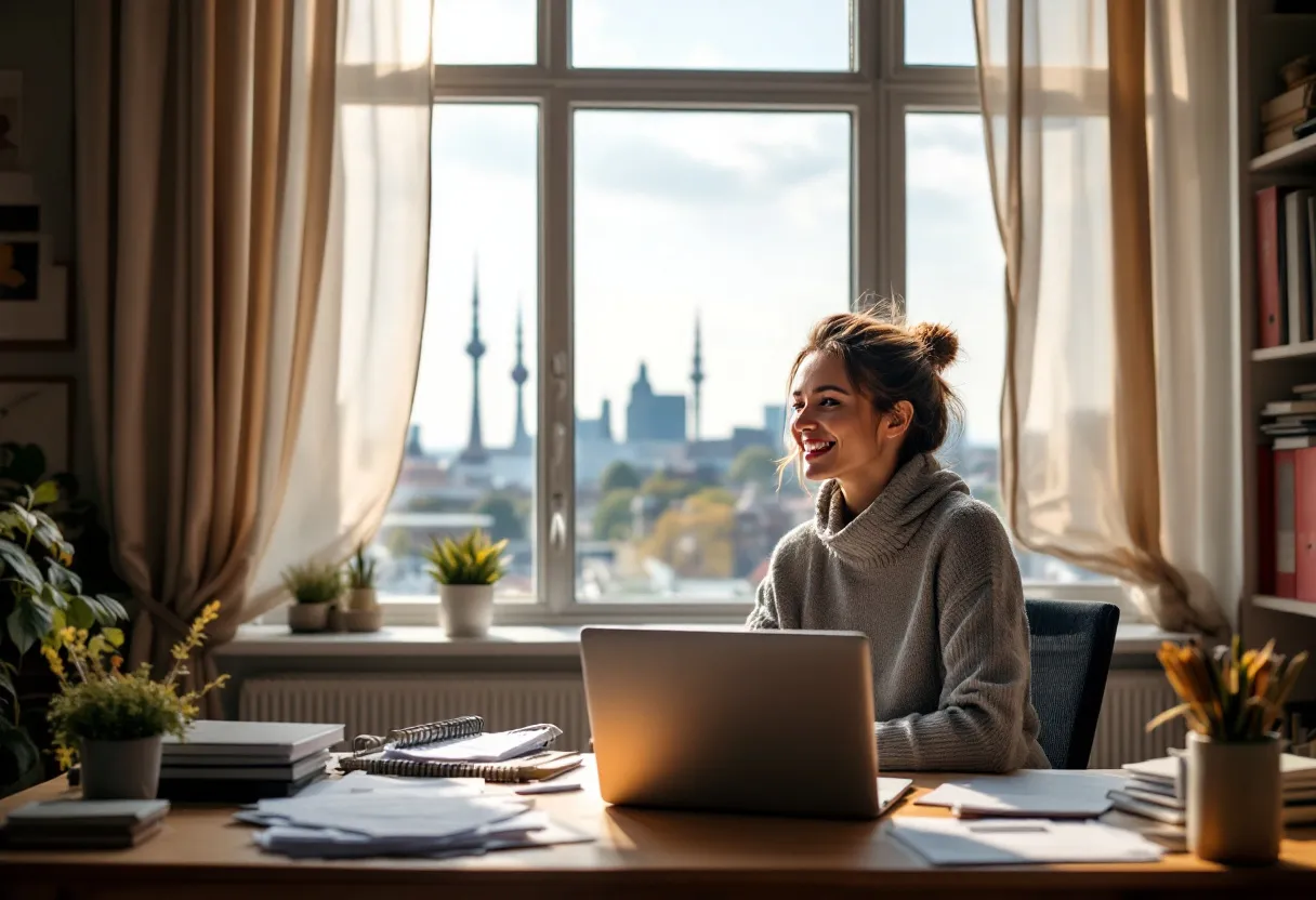 Een vrouw met een vrolijke glimlach zit achter een bureau met een laptop en papieren, door het raam zie je de skyline van Kortrijk met de Broeltorens.