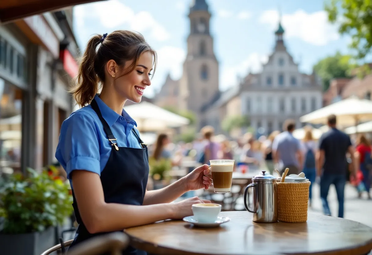 Een vrolijke jonge vrouw in een blauw uniform serveert een kop koffie op een terras aan de Grote Markt van Sint-Niklaas, met op de achtergrond het stadhuis en voorbijgangers op een zonnige dag.