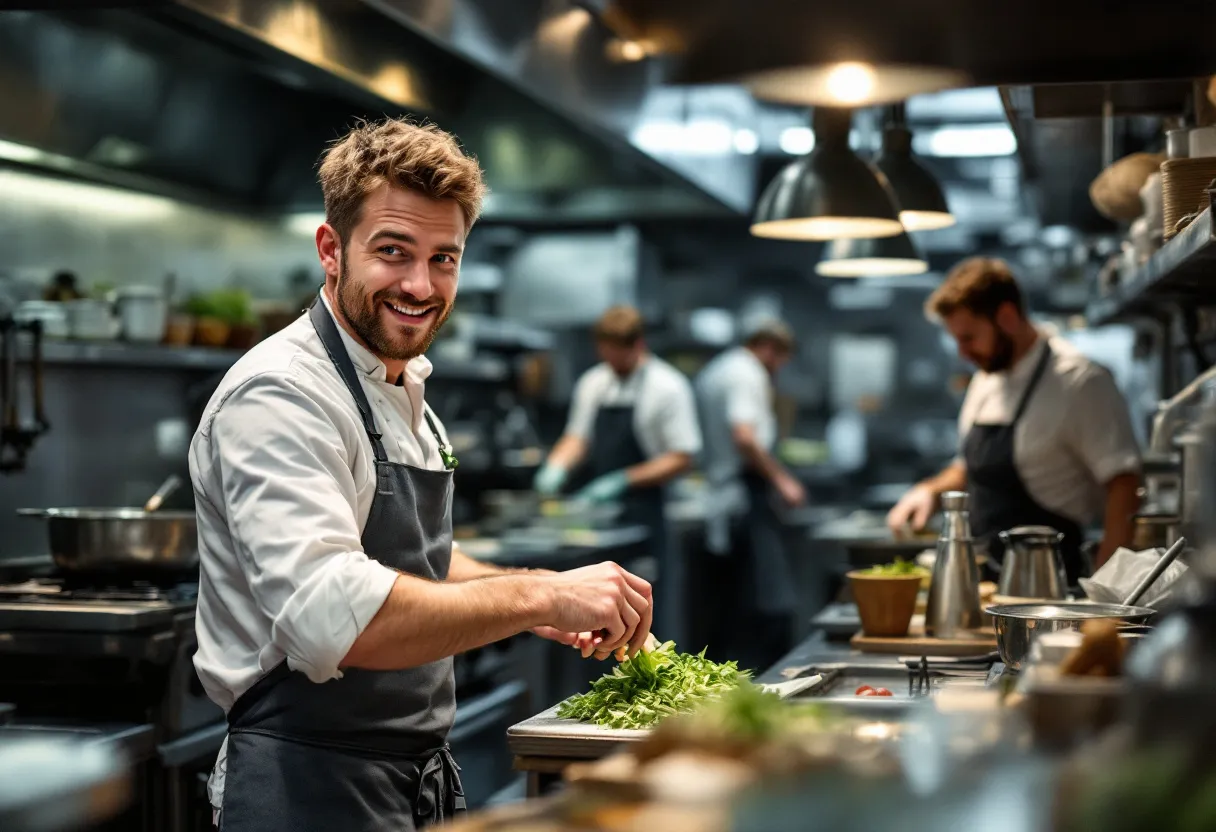 Een vrolijke jonge man in een felgekleurd schort werkt als keukenhulp in een restaurantkeuken in Maasmechelen, verse groenten snijdend terwijl collega's op de achtergrond bezig zijn.