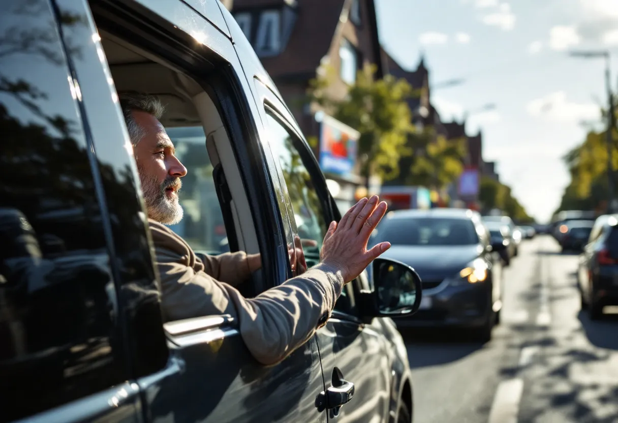 Een glimlachende man steekt de hand op vanuit een glimmende bestelwagen terwijl hij stopt voor een drukke supermarkt langs een hoofdweg in Sint-Truiden, met zonnige weerkaatsingen op de voorruit.