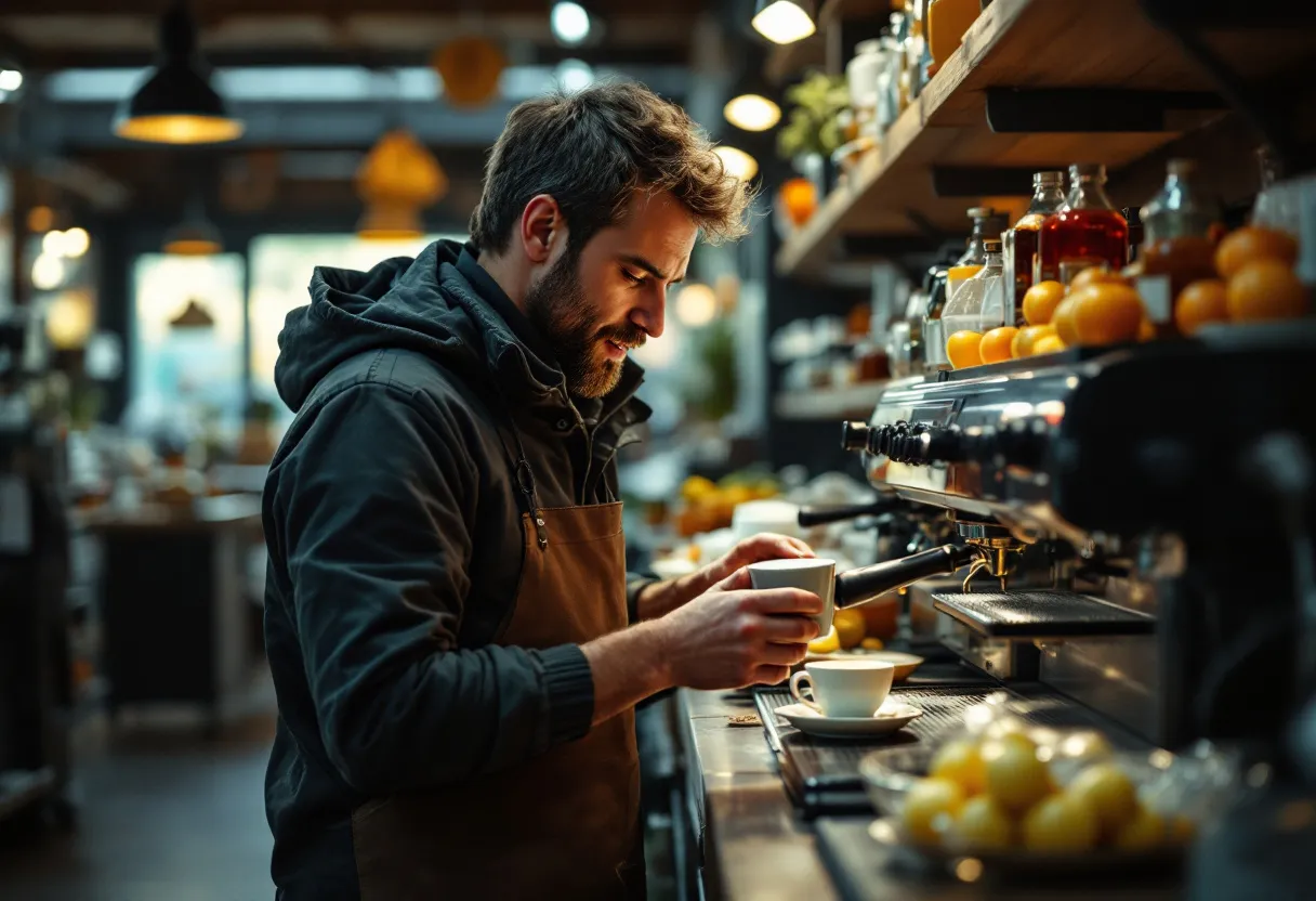 Een vrolijke nachtwerker die in een verlicht magazijn een bestelling scant, met een glimlach terwijl hij een kop koffie vasthoudt.