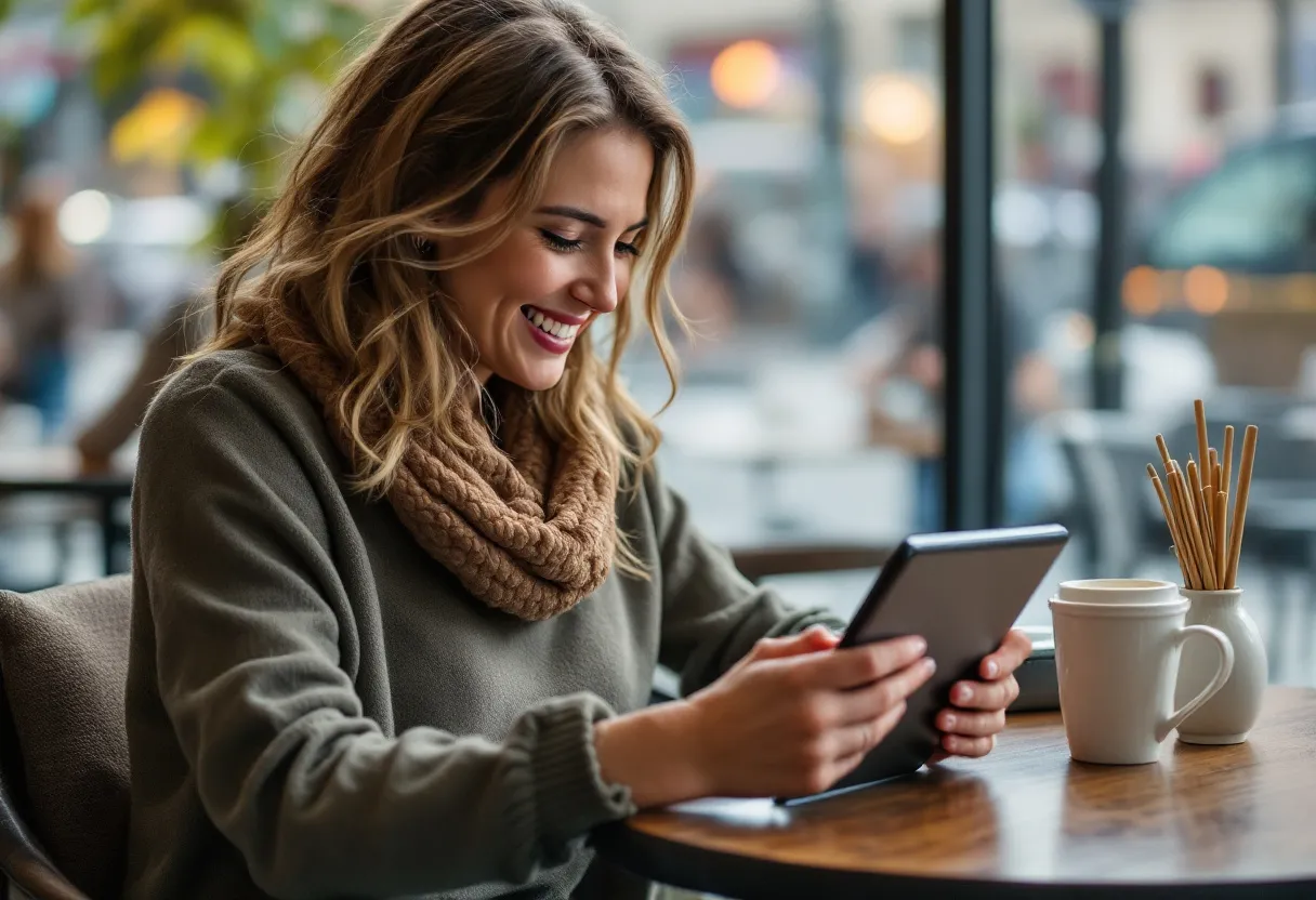 Een lachende vrouw van rond de zestig zit aan een tafeltje in een zonnig café in Kortrijk en bekijkt op haar tablet een lijst met flexijobs in de buurt, terwijl een kop dampende koffie naast haar staat.