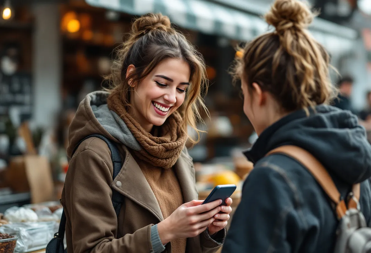 Een lachende jonge vrouw kijkt op haar smartphone naar een kaart van West-Vlaanderen met spelden die beschikbare flexijobs in omliggende gemeenten aanduiden, terwijl ze voor een venster van een lokale bakkerij in Kortrijk staat.