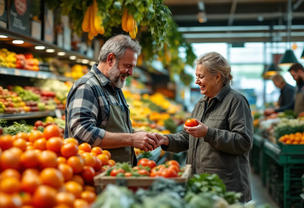 Een fotorealistische foto van een vriendelijke veertiger in een groene supermarktjas die tomaten aanvult in een frisse groenteafdeling, terwijl een andere klant haar iets vraagt; het ochtendlicht valt door de etalage naar binnen en creëert warme schaduwen op de kleurrijke producten.