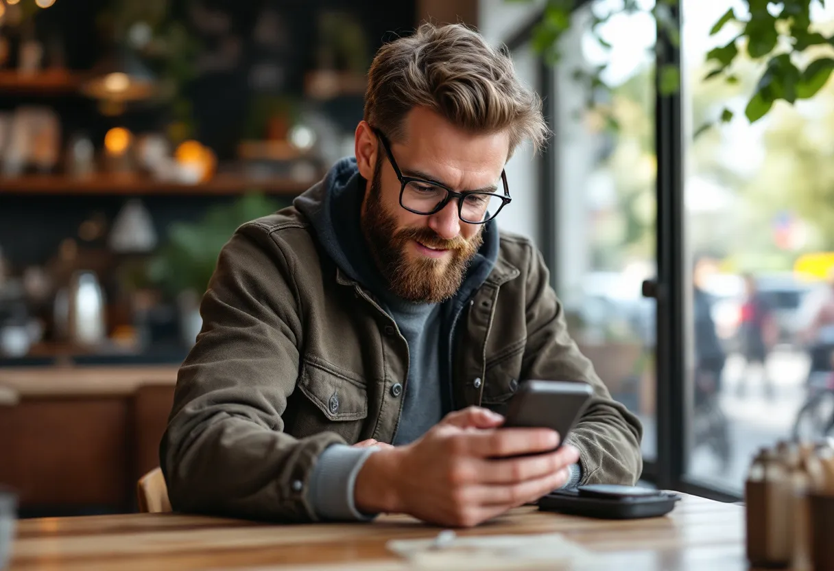 Een vrolijke dertiger met een kop koffie in een zonovergoten Vlaams dorpscafé, die op zijn smartphone door een overzichtelijke lijst van flexijobs in zijn buurt scrollt, met op de achtergrond een typisch dorpsplein zichtbaar door het raam.