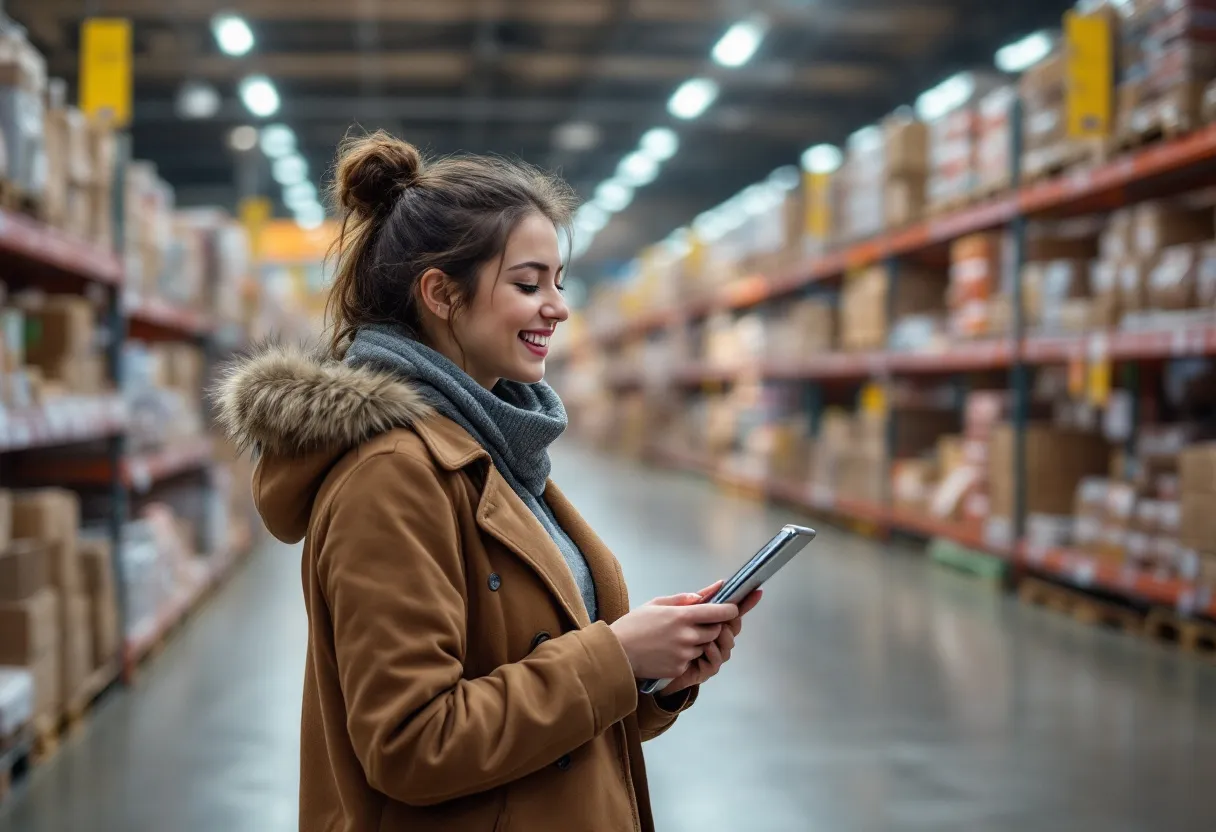Een jonge vrouw met een tablet staat in een groot magazijn omringd door kartonnen dozen, terwijl ze lachend een order scant. Op de achtergrond rijdt een heftruck voorbij.