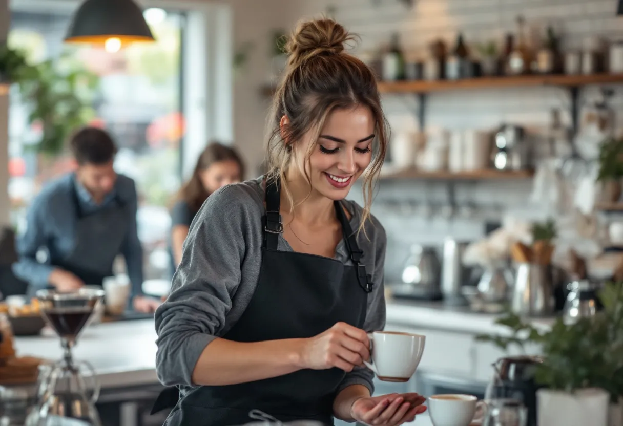Een jonge vrouw serveert met een glimlach koffie in een hippe koffiebar in het centrum van Kortrijk, als flexi-jobster.