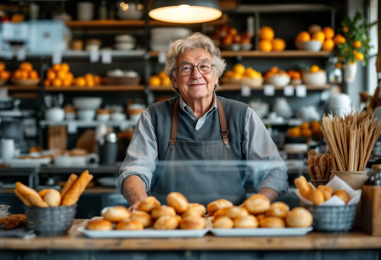 Een vrolijke 60-plusser met een schort staat achter de toonbank van een gezellige bakkerij in Kortrijk, omringd door vers brood en glimlachend naar een klant, natuurlijk daglicht valt door het raam.