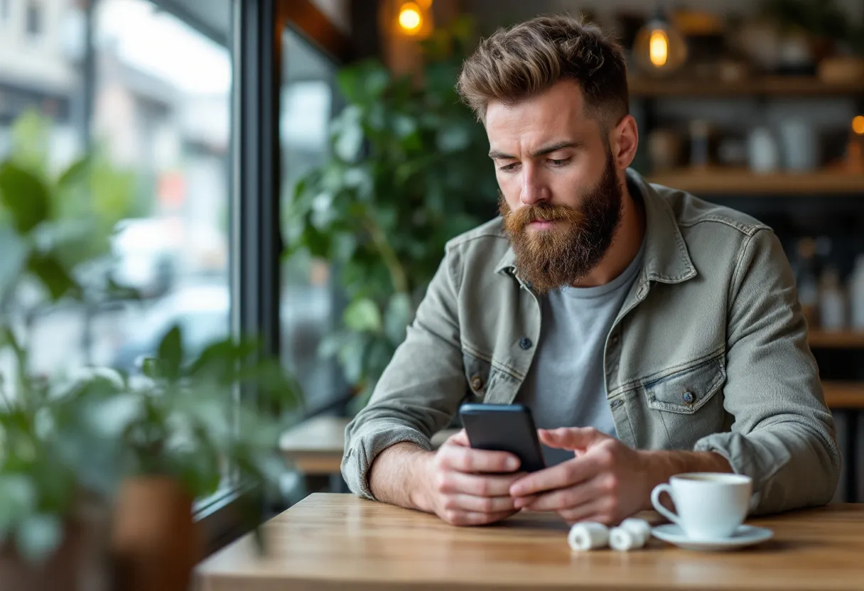 Een vrolijke man in een café in Kortrijk checkt op zijn smartphone een lijst met flexijobs in zijn buurt, terwijl hij een kop koffie drinkt.