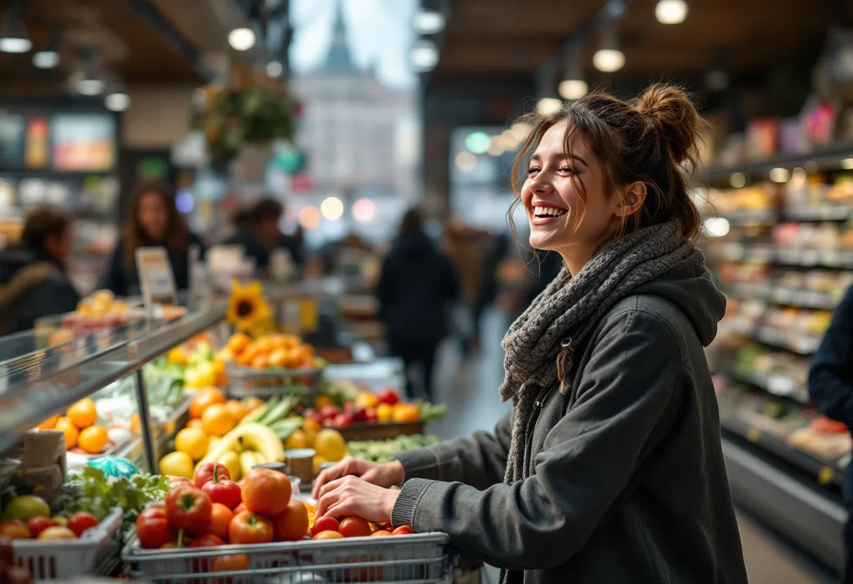Een lachende jonge vrouw achter een kassa in een Kortrijkse supermarkt, met klanten en winkelrekken op de achtergrond en het Belfort van Kortrijk zichtbaar door het raam.