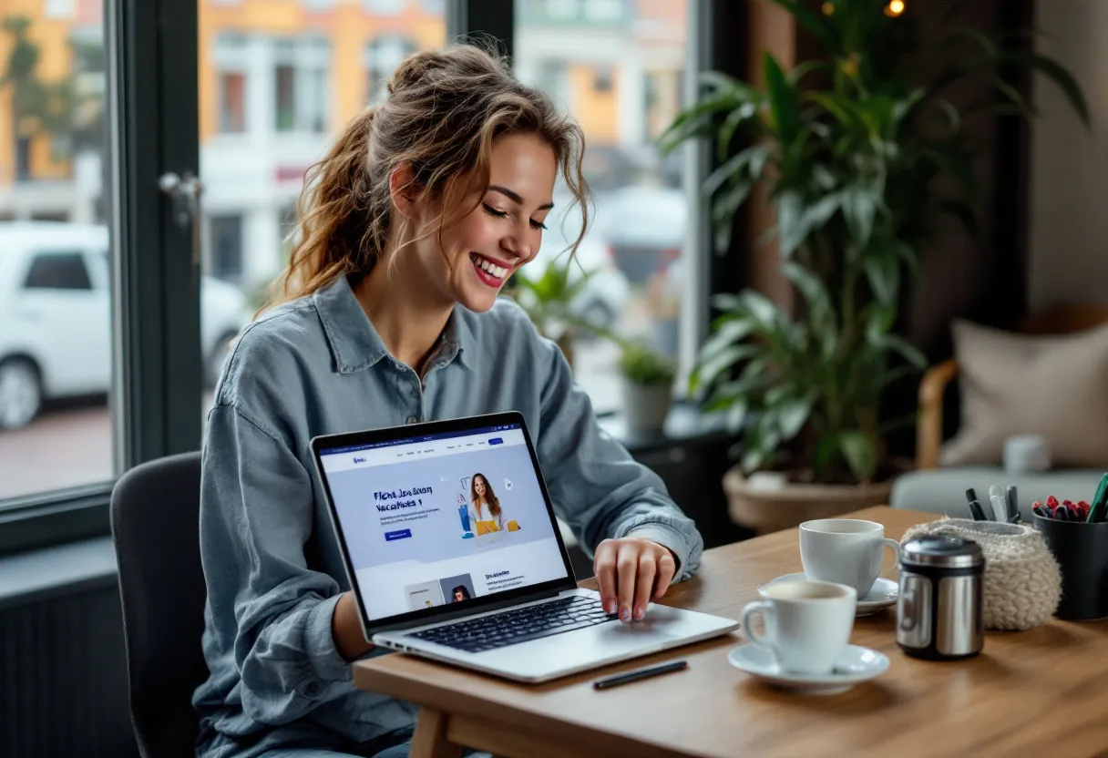 Een jonge vrouw zit aan een houten tafel met een laptop waarop een overzichtelijke website met flexijob vacatures in Kortrijk te zien is, terwijl ze lachend naar het scherm kijkt, met een kop koffie naast haar en op de achtergrond een raam met zicht op de Leie.