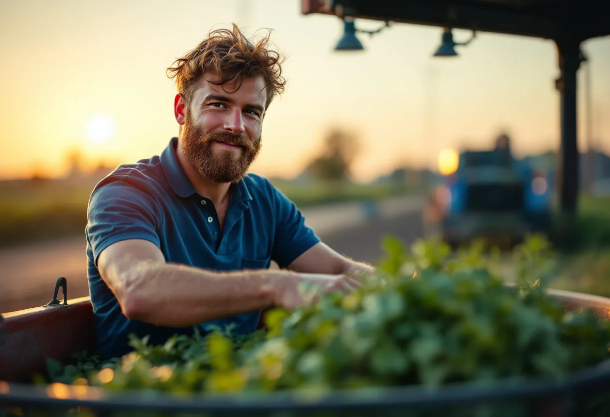 Een vrolijke jonge man met een baard draagt een blauw poloshirt en laadt een bestelwagen vol verse groenten op een industrieterrein in Roeselare, terwijl de zon net opkomt boven de loodsen.