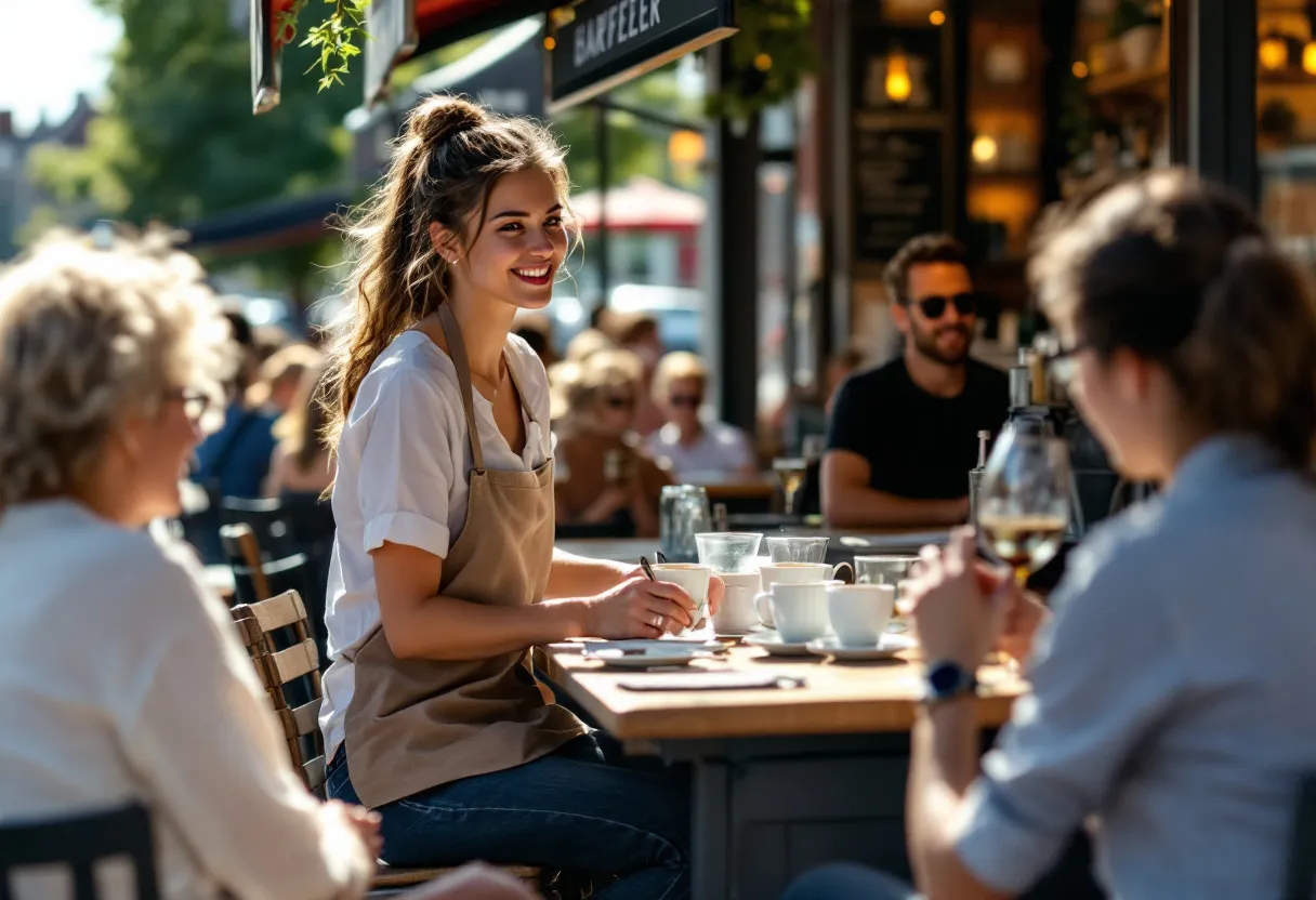 Een jonge vrouw met een schort serveert koffie op een zonnig terras aan de Grote Markt in Izegem, terwijl klanten genieten van de ochtendzon.